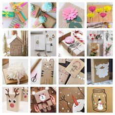 many different types of gift wrappings are shown in this collage, including deer, snowmen, and flowers