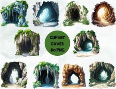 different caves and caves with green leaves on the top one has a hole in the middle