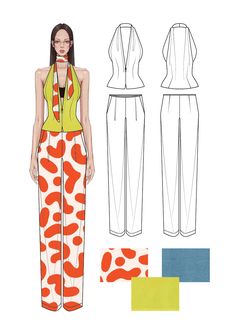 a woman in an orange and white patterned jumpsuit, with the top cut out