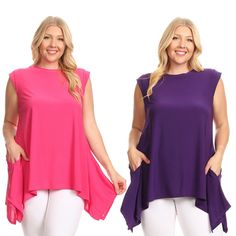 Solid, sleeveless long body top in a relaxed fit, with a crew neckline, asymmetric hem, and pockets. 96% Polyester, 4% Spandex Spring Sleeveless Tops With Side Pockets, Sleeveless Spring Tops With Side Pockets, Body Top, Pink M, Asymmetric Hem, Crew Neckline, Tunic Tops, Relaxed Fit, Spandex