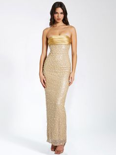 Lainey Gold Satin Sequin Pearls Beaded Maxi Dress Pearl Prom Dress, Miss Circle, Gold Dresses, Long Sequin Dress, Beaded Maxi Dress, Beaded Fabric, Duchess Satin, Strapless Maxi, Gold Satin