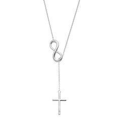 "This sterling silver infinity and cross lariat necklace is a lovely way to showcase your faith. This sterling silver infinity and cross lariat necklace is a lovely way to showcase your faith. Drop length: 2 in. Chain length: 16 in. + 2-in. extender Chain type: cable Nickel free Metal: sterling silver Finish: polished Packaging: boxed Size: 16-18"" ADJ. Color: Grey. Gender: female. Age Group: adult." Adjustable Cross Lariat Necklace, Elegant Cross Lariat Necklace With Adjustable Chain, Elegant Cross-shaped Lariat Necklace With Adjustable Chain, Elegant Cross Lariat Necklace, Silver Cross Lariat Necklace With Adjustable Chain, Elegant Silver Cross Lariat Necklace, Adjustable Silver Cross Lariat Necklace, Elegant Adjustable Silver Cross Necklace, Infinity Cross