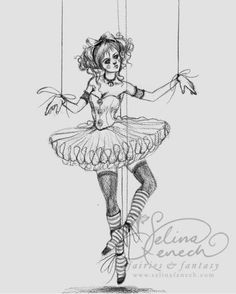 a drawing of a girl on a swing with her hands in the air and two strings attached