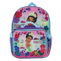 Enjoy the magic of Princess Tiana with this adorable backpack and lunchbox set. This bag is not only fun and bright but spacious as well. With its 2 side mesh pockets and its large zippered compartment, this bag is sure to fit all of your little one's school essentials. The lunch box detaches with a hook and loop closure securing it safely on the bag for easy on the go travel. The straps are adjustable and are sure to fit comfortably up to 27 inches. Made of Polyester Backpack And Lunchbox Set, Work Belt, Princess Tiana, Girls 16, Cute Backpacks, School Essentials, Kids Luggage, Cold Weather Accessories, Crossbody Tote