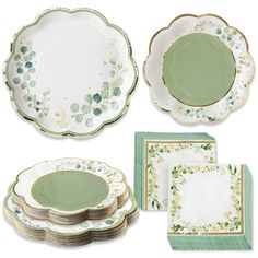 green and white plates, napkins, and placemats on a white background