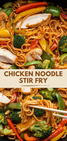 chicken noodle stir fry in a pan with chopsticks and broccoli