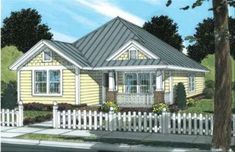 this is an artist's rendering of a small yellow house with white picket fence