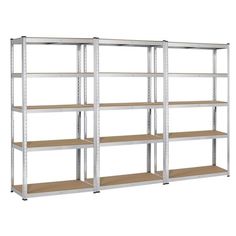 an empty metal shelving unit with wooden shelves