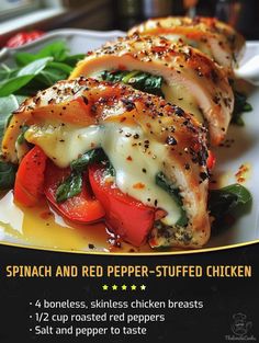 the menu for spinach and red pepper stuffed chicken