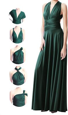 a woman in a long green dress with four different ways to cut it out and put on