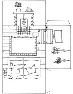 a black and white drawing of a bed with pillows on top of it, next to a window