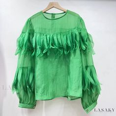 Lasaky - Semi-sheer Fringed Round Neck Long Sleeve Blouse: Luxurious Design with Loose and Unique Fit Smart Casual Wear, Unique Fits, Wear Green, Olivia Mark, Smart Casual, Stylish Design, Neck Designs, Green Color, Round Neckline