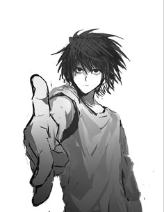 a drawing of a man with black hair holding his hand up to the side and pointing at