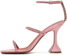 Satin heeled sandals in pink. Crystal-cut detailing throughout. · Open square toe · Partially elasticized leather straps at vamp · Adjustable pin-buckle ankle strap · Logo-embossed leather footbed · Modified stiletto heel with rubber injection · Leather sole with rubber injection · Heel: H3.5 in Supplier color: Baby pink Glamorous Leather Sandals With Square Toe, Glamorous Leather Square Toe Sandals, Pink Luxury Heels With Single Toe Strap, Glamorous Pink Sandals With Sculpted Heel, Luxury Pink Sandals With Sculpted Heel, Elegant Pink Sandals With Buckle Closure, Pink Sandals With Sculpted Heel For Cocktail, Pink Heeled Strap Sandals For Evening, Designer Pink Heels With Square Toe