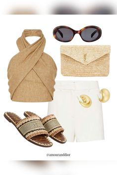 A sophisticated tan halter paired with white pleated shorts, styled with oval sunnies, neutral raffia slides and a YSL clutch 🤎🤍 Looks are always linked in my shop in the LTK app. Halter Top Outfit, Halter Tops Outfit, Summer Halter Tops, Ysl Clutch, Tortoise Shell Sunglasses, Top Outfit, Pleated Shorts