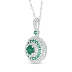 This gorgeous necklace is a gift they'll wear again and again. Sterling silver A vibrant round-cut lab-created emerald centers the pendant White lab-created sapphires and lab-created emeralds create a shimmering triple halo and sparkle on the bail 18-inch cable chain with lobster clasp Dazzling White Gold May Birthstone Jewelry, Dazzling White Gold Jewelry For May Birthstone, Fine Jewelry Brilliant Cut May Birthstone Necklace, Classic Round Emerald Necklace With Diamond Accents, Emerald Jewelry With Diamond Accents, Dazzling Round Emerald Necklace For Anniversary, Dazzling May Birthstone Jewelry With Halo Setting, Diamond Jewelry For May Birthstone, Round Shape, Diamond Jewelry For May Birthstone