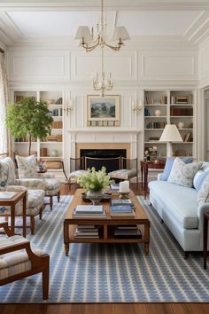 a living room filled with furniture and a fire place in the middle of a room