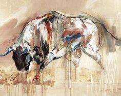 an abstract painting of a bull with blue and white paint on it's face