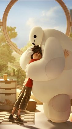 a woman hugging a giant white teddy bear