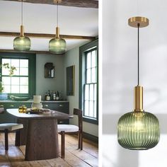 two pictures of a kitchen and dining room with green glass pendant lights hanging from the ceiling