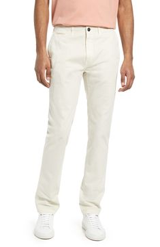 A casual alternative to business-only flat-front styles, these pants are made from comfortable stretch-cotton and tailored in a versatile straight-leg profile. 34" inseam; 14" leg opening 98% cotton, 2% elastane Machine wash, line dry Made in Portugal Business Casual Chinos With Five Pockets, Slim Fit Straight Leg Cotton Work Pants, Slim Fit Cotton Straight Leg Work Pants, Fitted White Chinos With Straight Hem, White Fitted Chinos With Straight Hem, White Slim Fit Straight Leg Dress Pants, Straight Silhouette Cotton Bottoms With Five Pockets, Business Casual Straight Silhouette Bottoms For Spring, Cotton Bottoms With Five Pockets In Straight Silhouette