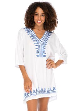 EMBROIDERED BOHO SWIMSUIT COVER UP can be worn as a sundress, beach dress, or tunic top paired with leggings or jeans for everyday wear BEAUTIFUL CUSTOM EMBROIDERY ACCENTS THE NECK AND HEM. Side slits at the hem give you ease of movement. Wear loose as a beach dress or belted over leggings 3/4 LENGTH SLEEVES keep you cool and comfortable on hot days while providing arm coverage. The perfect bikini cover up resort wear for lounging poolside or on a cruise MADE FROM 100% HIGH-QUALITY BREATHABLE RA Summer V-neck Relaxed Fit Tunic, White Cotton Spring Cover-up, Spring White Cotton Cover-up, White Cotton Cover-up For Warm Weather, Stretch Beach Dress For Spring And Summer, White Cotton Dresses For Vacation, White Cotton Dress For Vacation, Relaxed Fit V-neck Tunic For Beach Season, Casual Stretch Beach Dress For Summer