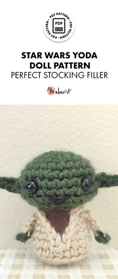 a crocheted star wars yoda doll with the words, perfect stocking filler