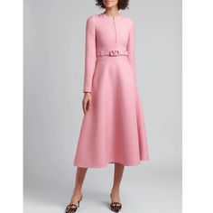 Valentino Wool Crepe Pink Monogram Belt A-Line Long Sleeve Midi Dress Details * Authentic * Size: 48 * Fully Lined * Round Neckline * Zip Placket With Charm Pull * Long Sleeve * Seamed Waist * A-Line Skirt * Concealed Side Zip * Side Seam Pockets * Removable & Adjustable Logo Belt * Midi Length * Care: Dry Clean Fabric * Outer: 65% Virgin Wool & 35% Silk * Lining: 91% Viscose & 9% Elastane Approx. Measurements * Across The Underarms: 21" * Across The Waist: 18.5" * Length Down The Center Back: 4 Maxi Frocks, Fashion Designer Dresses, Valentino Dresses, Dress 2022, Fashion Design Dress, Belted Midi Dress, Daytime Dresses, Frock Design, Sleeve Midi Dress