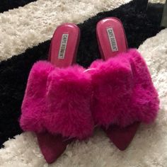 Beautiful Fuchsia Pink Fur Slipper Heels Brand New. No Box Winter Pink Closed Toe Heels, Trendy Pink Flat Heels, Trendy Pink High Heel Mules, Trendy Pink Mules For Party, Trendy Pink Party Mules, Pink Synthetic Flat Heel Mules, Pink Synthetic Mules With Flat Heel, Pink Flat Heel Synthetic Mules, Chic Pink Flat Mules