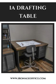 a desk with a chair and bookcase in the corner next to it that says, la drafting table