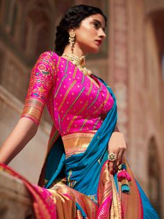 Radiant blue silk embellished saree online for women which is crafted from silk fabric and comes with silk blouse. Embellished Saree, Cyan Color, Blue Silk Saree, Pink Border, Salwar Dress, Dress Salwar Kameez, Ethnic Looks, Blue Saree, Party Wear Indian Dresses