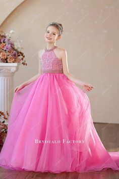 Iridescent Pink Sequin Halter Organza Young Girl Pageant Dress Birthday Gown, Junior Formal Dresses, Sequin Halter, Pink Sequin, Shine On