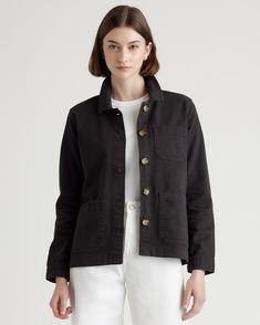 Your go-to jacket for transitional weather. The super-soft organic stretch twill and functional patch pockets will have you reaching for this jacket every day of the week. With a standard fit, this is perfect for layering over a hoodie, or simply pairing with a t-shirt. Chore Coat Outfit, Black Chore Jacket, Spring Wear, Peacoat Jacket, Chore Jacket, Linen Jacket, Leather Shirt, Cute Jackets, Wardrobe Ideas