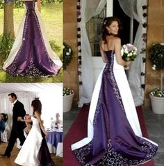 the bride is wearing a purple and white wedding dress