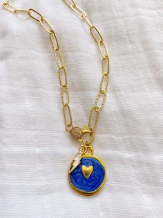 Length: 16”  Gold filled Blue Gold Chain Necklace As Gift, Blue Gold Chain Necklace For Gift, Blue Heart Charm Pendant Necklaces, Blue Cable Chain Necklace As Gift, Delicate Blue Pendant Chain Necklace, Blue Pendant Necklace With Delicate Chain, Blue Pendant Chain Necklace With Delicate Chain, Blue Jewelry With Paperclip Chain As Gift, Blue Jewelry With Paperclip Chain For Gift