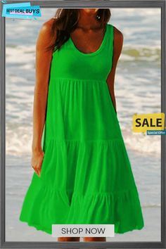 Paneled Solid Sleeveless Beach Midi Dress White Dresses Green A-line Midi Dress For Vacation, Casual Green Dress For Beach Cover-up, Summer A-line Maxi Dress For Beach Season, A-line Beach Season Sundress, Beach Sundress A-line Mini Dress, Beach A-line Sundress Mini Dress, Spring A-line Sleeveless Dress For Beach, Beachy Sleeveless Dress For Beach Cover-up, Solid Color Beach Cover-up Dresses For Beach Season