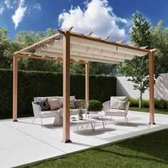 an outdoor living area with white furniture and a pergolated roof over the patio