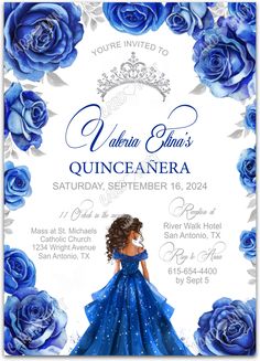 an elegant quinceanera birthday party with blue roses and tiara on it