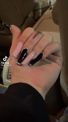 Black And White Long Nails Acrylic, Purple Nails W Initials, Grunge Almond Acrylic Nails, Red Acrylic Nails Simple, Black Witchy Nails, Demure Nails, Instagram Baddie Acrylic Nails, Nail Inspo Baddie, Nails Long Square