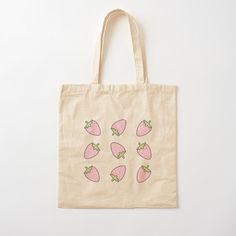 100% cotton reusable shopping carry bag with digital print on one side. Cute pattern of pink strawberries on a white background. Pink Strawberry Print Bag As Gift, Trendy Pink Strawberry Print Bag, Trendy Pink Bag With Strawberry Print, Cute Pink Cotton Canvas Bag, Cute Tote Bag Design, Kawaii Tote Bag, Pink Strawberries, Pink Berries, Selling Stuff