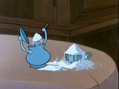 an image of a cartoon character in the bathtub with powder pouring out of it