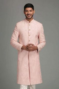 Shop for Chatenya Mittal Pink Silk Embroidered Sherwani Set for Men Online at Aza Fashions Pink Sherwani, Dori Embroidery, Embroidered Sherwani, Embroidered Motifs, Embroidered Neckline, Fabric Silk, Pink Silk, Embroidered Silk, Aza Fashion