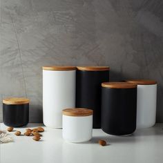 Bamboo & Ceramic Storage Containers | Sage & Sill Ceramic Storage, Ceramic Canisters, Coffee Jars, Ceramic Canister, Cerámica Ideas, Storage Canisters, Ceramic Kitchen, Ceramic Jars, Kitchen Canisters