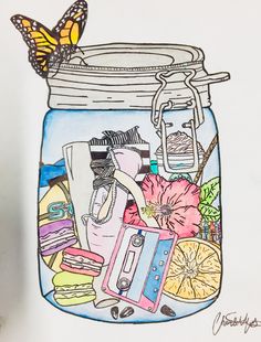 a drawing of a jar full of things with a butterfly sitting on top of it