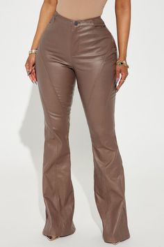 Available In Black And Chocolate. Flare Pant Mid Rise Button & Zip Closure Seaming Detail Hand Pockets Coated Faux Leather Stretch Self 70% Viscose 20% Nylon 10% Spandex Imported California Proposition 65 WARNING: Cancer and Reproductive Harm - www.P65Warnings.ca.gov. | Going Big Coated Flare Pant in Chocolate Brown size Small by Fashion Nova Chocolate Fashion, Flare Pant, Fashion Nova Pants, Coat Pocket, Color Chocolate, Flare Pants, Chocolate Brown, Fashion Brand, Fashion Nova