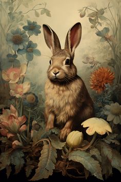 a painting of a rabbit surrounded by flowers