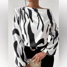 Tops | Elegant Off Shoulder Asymmetrical Neck Long Sleeve Top Blouse Shirt | Poshmark Chic Blouse With Graphic Print For Work, Chic Graphic Print Blouse For Work, Trendy Printed Tops For Workwear, Oversized White Printed Blouse, Oversized Printed White Blouse, Chic Graphic Print Blouse For Fall, Oversized White Blouse With Graphic Print, Elegant White Printed Tops, Chic Oversized Printed Blouse