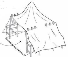 a drawing of a tent with two chairs and a ladder on the outside, as well as an awning over it