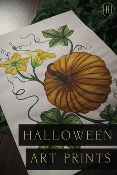 an image of a halloween art print with flowers and pumpkins on the front cover