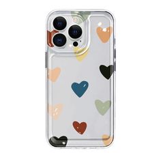 an iphone case with hearts printed on the front and back cover, featuring two different colors